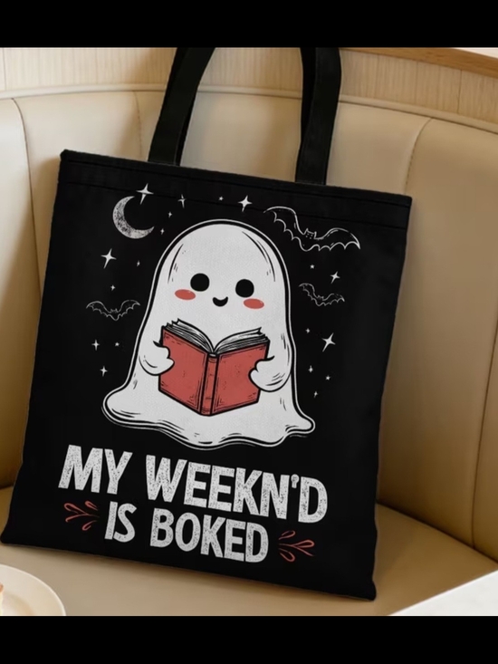 Handbags - Black Ghost Tote Bag with Red Book Graphic